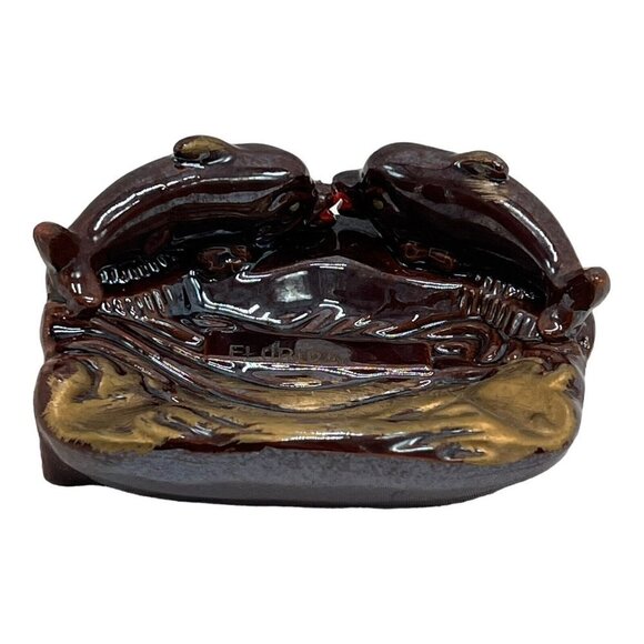 Florida Dolphin Kissing Ashtray Mid Century Retro Brown Glazed Pottery Japan - Picture 1 of 8